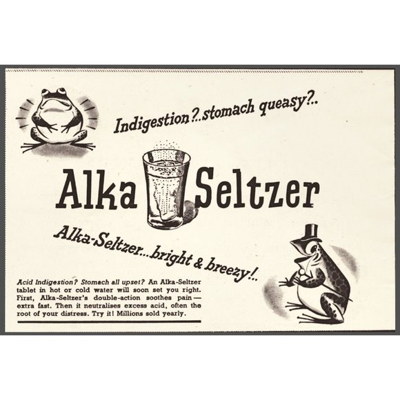 1951 Alka Seltzer Digestion Aid Vintage Print Ad Bull Frog Top Hat Wall Art - Picture 1 of 1